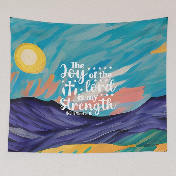 Item preview, Bible verses about strength - Nehemiah 8:10 with Colorful Blue and Ochre Preppy Mountain Art designed and sold by SpartanDStore.