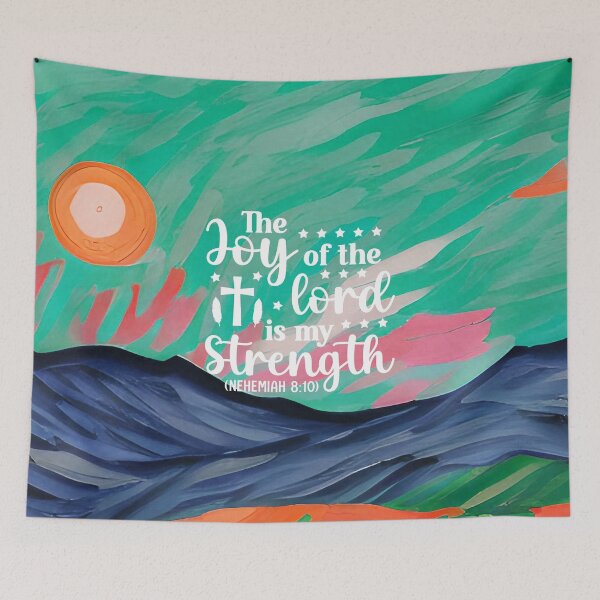 Item preview, Bible verses about strength - Nehemiah 8:10 with Colorful Turquoise Preppy Mountain Art designed and sold by SpartanDStore.