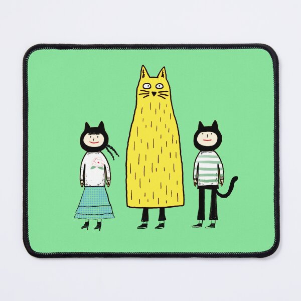 Item preview, two whimsically-dressed characters flanking a large yellow cat designed and sold by DinoPals.