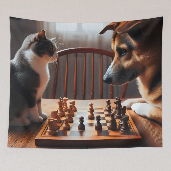 Item preview, A dog and a cat are playing chess. designed and sold by MyHappyArtShop.