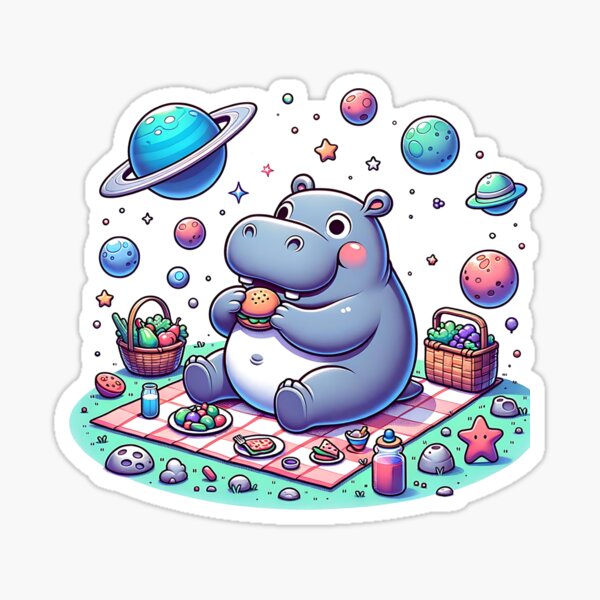 Cosmic Hippo: A Surreal Picnic in Space Pegatina