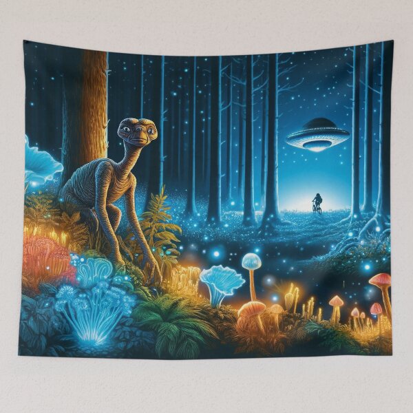 Item preview, Enchanted Bioluminescent Forest with Alien Visitor designed and sold by FantasyVillaArt.