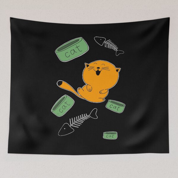 Item preview, orange well-fed cat gets high in front of a plate of food designed and sold by Vinson.