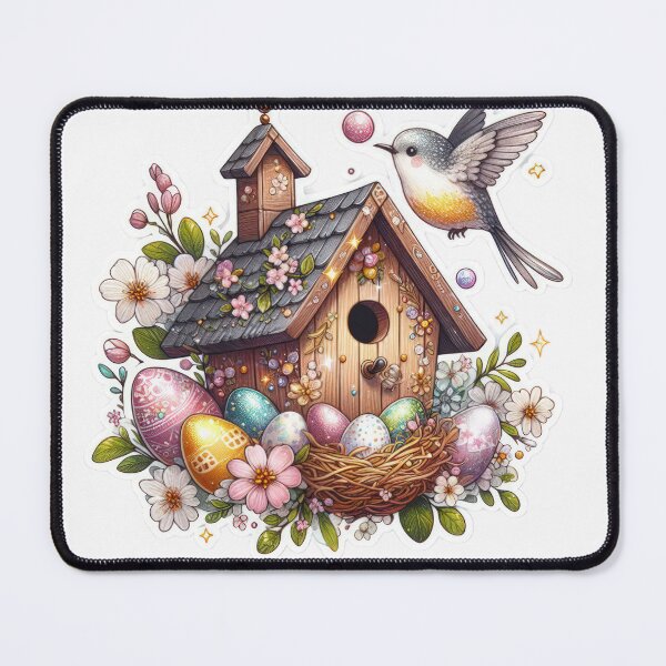 Item preview, birdhouse made of wood and colored eggs Easter cute sticker designed and sold by Expressions-Sel.