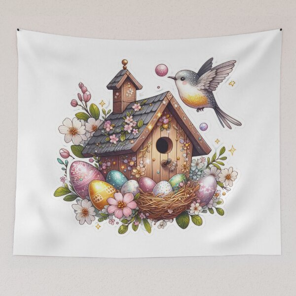 Item preview, birdhouse made of wood and colored eggs Easter cute sticker designed and sold by Expressions-Sel.