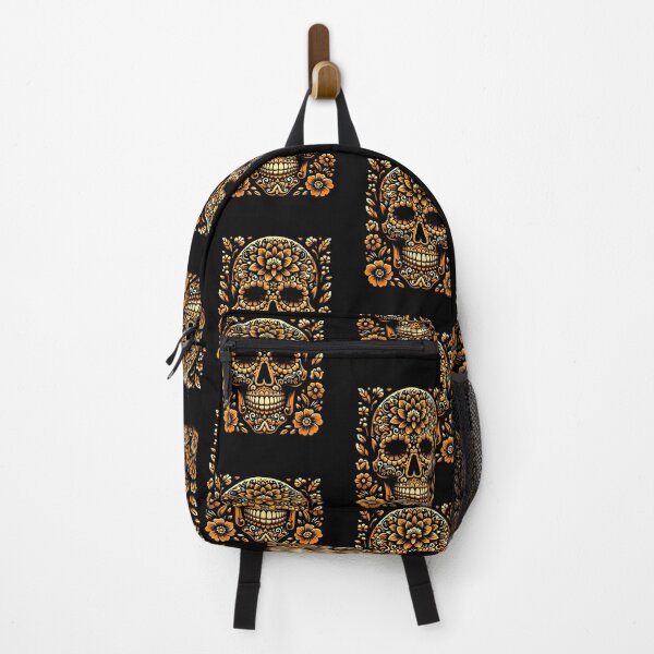 Item preview, Skeleton Skull with Flowers Orange Floral Black Sugar Skull designed and sold by ArtFromBeyond.