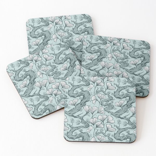 Item preview, Black pine and gingko leaves, royal blue, botanical design, Asian style designed and sold by Caroline Rausch.