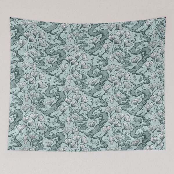 Item preview, Black pine and gingko leaves, royal blue, botanical design, Asian style designed and sold by Caroline Rausch.
