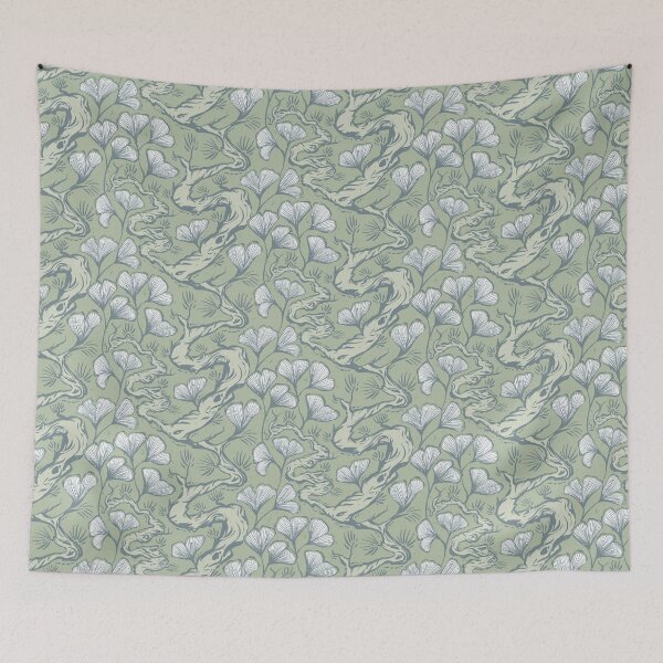 Item preview, Black pine and gingko leaves, emerald green, botanical design, Asian style designed and sold by Caroline Rausch.