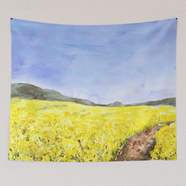 Item preview, golden yellow  rapeseed flower field watercolor hand painted  designed and sold by ColorandColor.