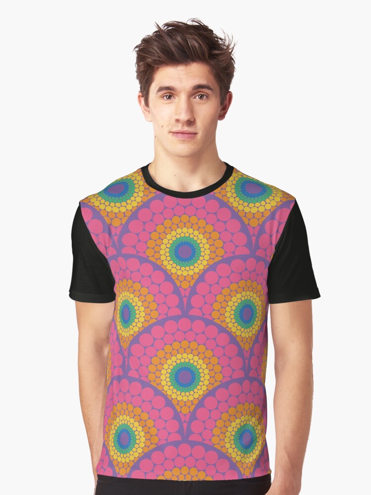 Graphic T-Shirt, Radiant Maximalist Rainbow Dot Mandala Art Deco Scallop designed and sold by Triplicate Limited