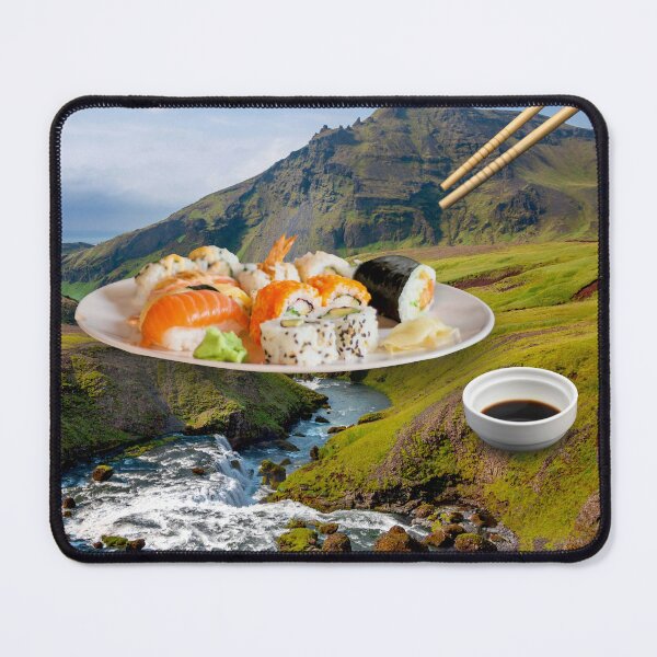 Item preview, Surreal Sushi Landscape Art Print - 'Catch of the Day' Riverbank Feast with Soy Sauce designed and sold by GollyWillikers.