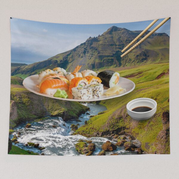 Item preview, Surreal Sushi Landscape Art Print - 'Catch of the Day' Riverbank Feast with Soy Sauce designed and sold by GollyWillikers.