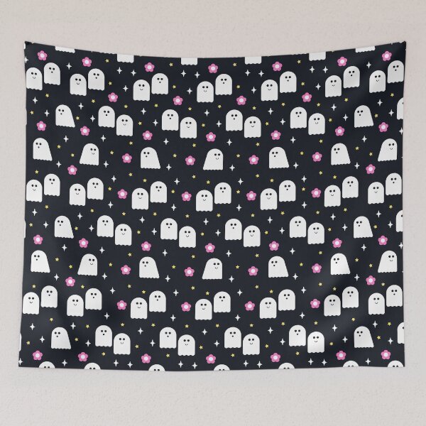 Item preview, Cute Ghosts, Sparkles and Flowers on a Black Night Sky designed and sold by Romi Martinez.