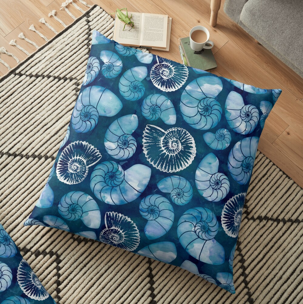 Nautilus fossils in sapphire blue Floor Pillow