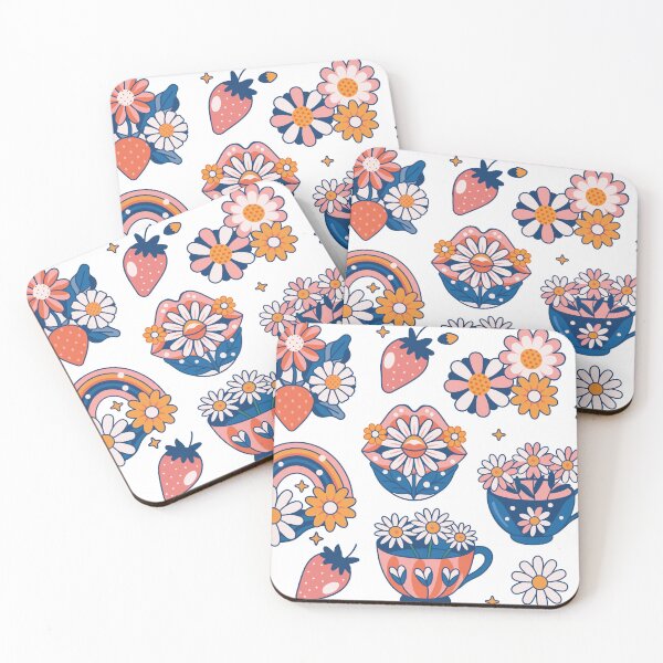 Item preview, Daisy summer flowers stickers set with rainbow, strawberry, lips, daisy in cup, trend colour, retro, illustration designed and sold by NatalkaP.