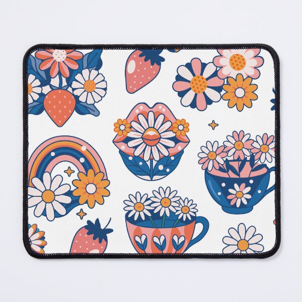 Item preview, Daisy summer flowers stickers set with rainbow, strawberry, lips, daisy in cup, trend colour, retro, illustration designed and sold by NatalkaP.