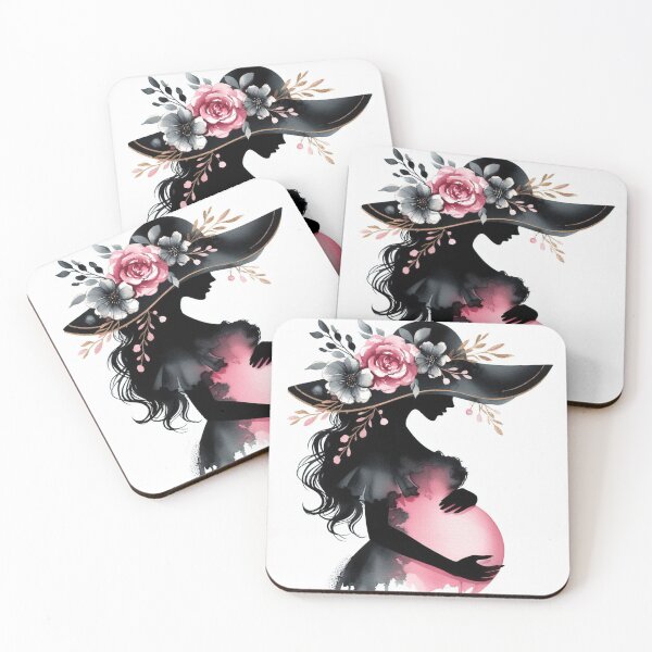 Item preview, Silhouette of pregnant lady in floral brimmed hat, pink accents designed and sold by SallybySallyAnn.