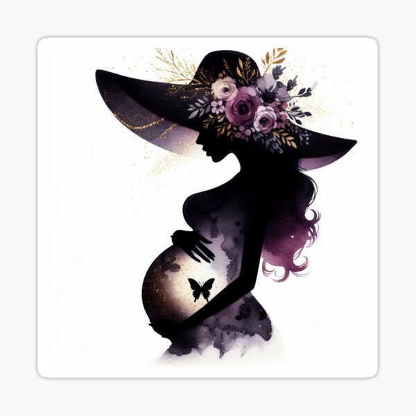 Item preview, Silhouette of a pregnant lady in wide brimmed hat with flowers,splash of purple   designed and sold by SallybySallyAnn.