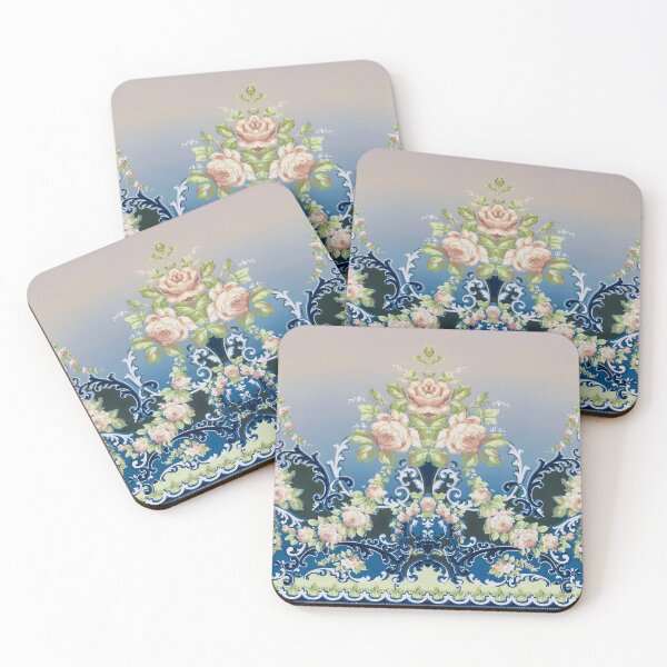 Item preview, Repeating Large Pink White Roses Bouquets Blue Trellis designed and sold by WheresMyMojo.