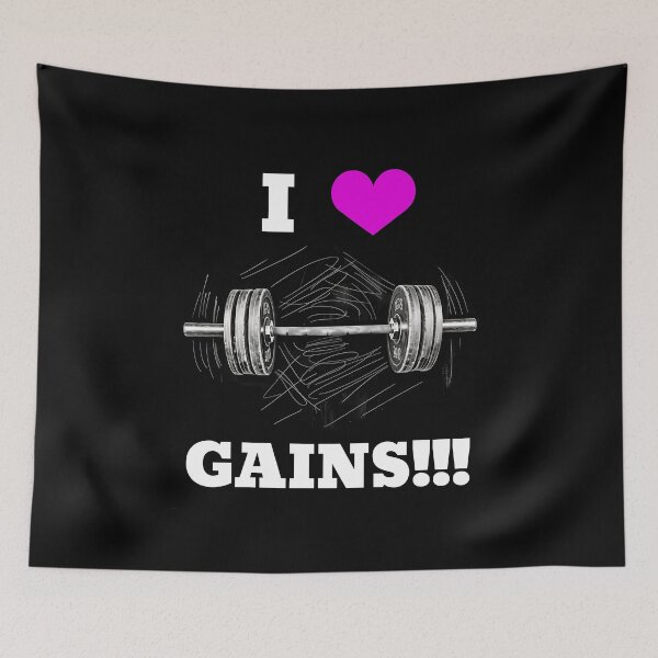 Item preview, I LOVE / HEART GAINS!!! White Lettering Pink Heart Barbell Design designed and sold by Primal Pump Co LTD.