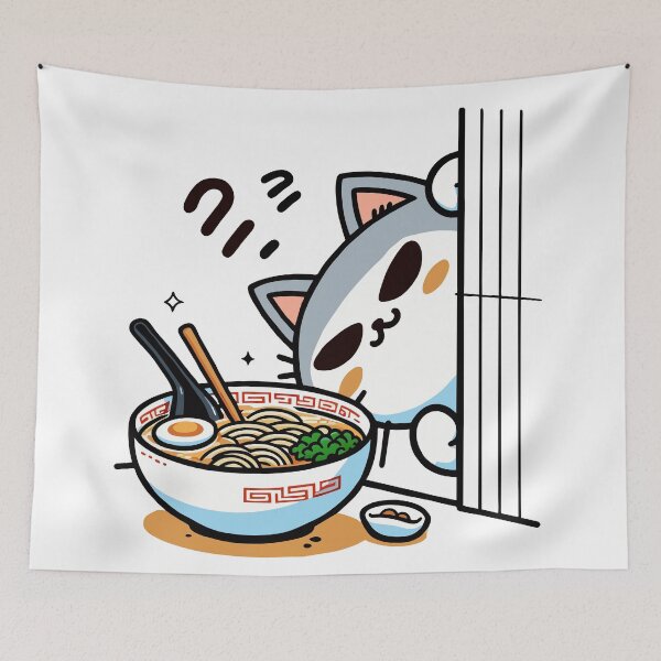 Item preview, kawaii Peeking Cat with Ramen Bowl - Cute Japanese-Inspired Art designed and sold by Designowner.