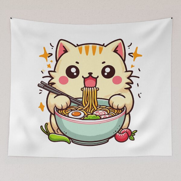 Item preview, kawaii Kitty Noodle Delight - Cute Cat Enjoying Ramen designed and sold by Designowner.