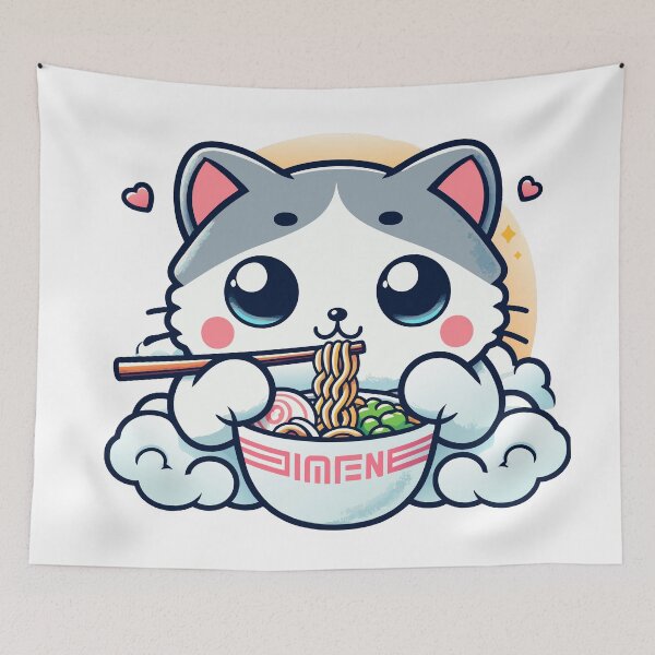 Item preview, kawaii Kitty Noodle Delight - Cute Cat Enjoying Ramen designed and sold by Designowner.