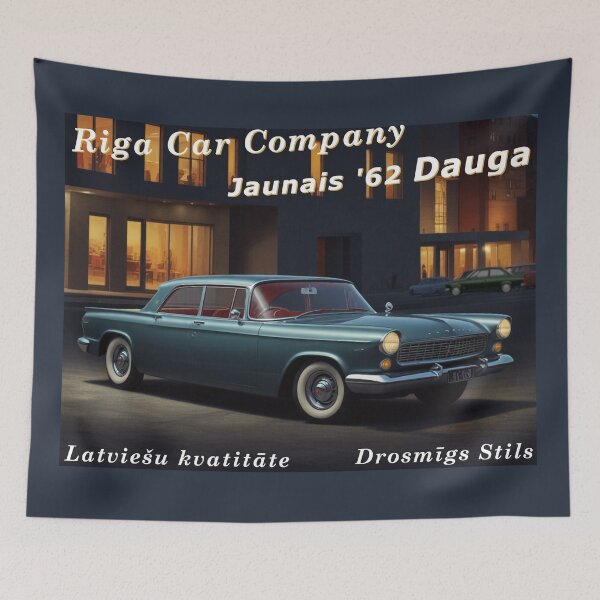 Item preview, Vintage car poster - Riga Car Co. - 1962 Dauga Sedan metal green Latvian designed and sold by Museum Of Non-Existing Art.