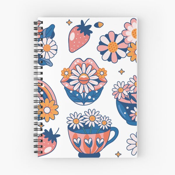 Item preview, Daisy summer flowers stickers set with rainbow, strawberry, lips, daisy in cup, trend colour, retro, illustration designed and sold by NatalkaP.
