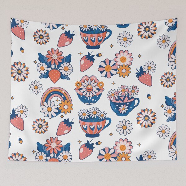 Item preview, Daisy summer flowers stickers set with rainbow, strawberry, lips, daisy in cup, trend colour, retro, illustration designed and sold by NatalkaP.