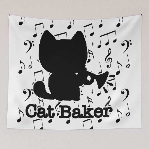 Item preview, Cat Baker — cat trumpet player black and white notes background designed and sold by Oqueartecura.