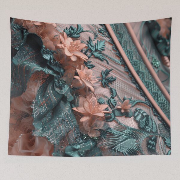 Item preview, Floral lace texture of tulle and peach fuzz and petrol flannel designed and sold by Fantasyplus.