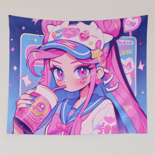 Item preview, Kawaii Bubblegum Cyberpop Drink Sipping Anime Girl designed and sold by bubblegoth.