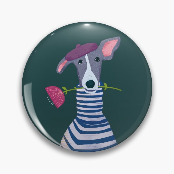 Item preview, Oui Oui Whippet adorning a beret, flower and blue and white striped turtleneck.  designed and sold by Kathy Osborne Studio.