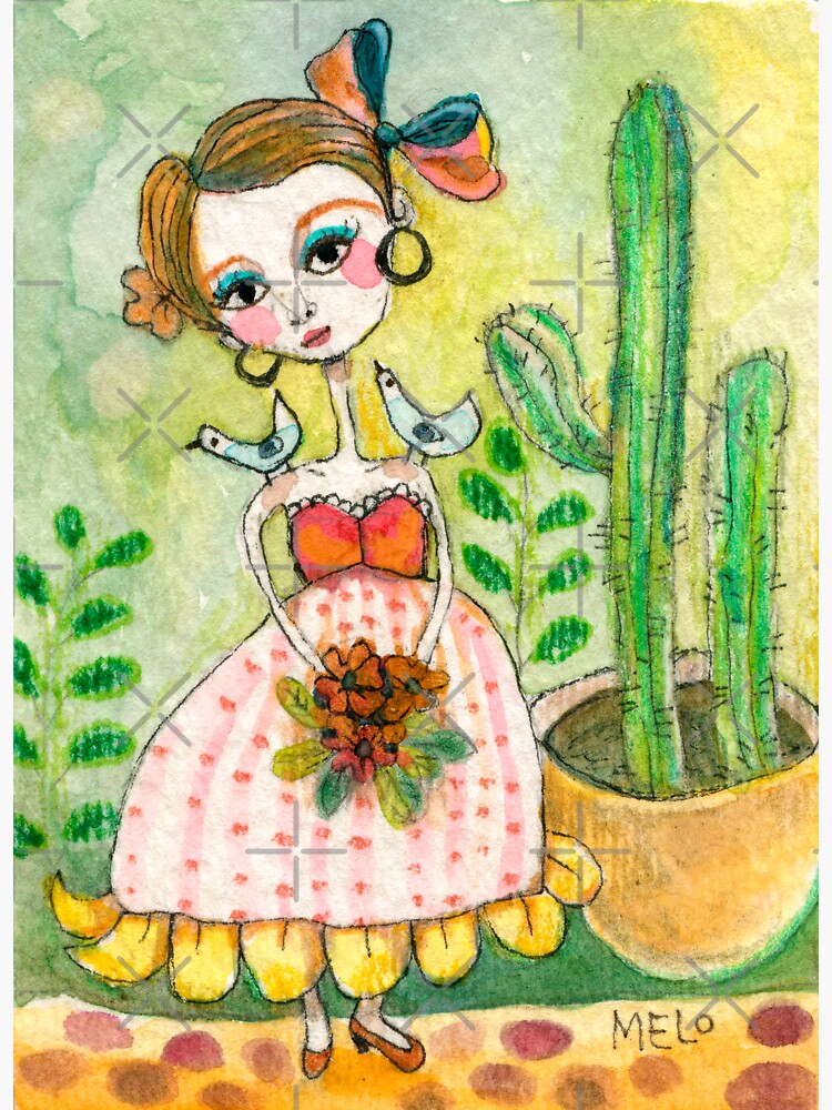 Frida KAHLO with birds, in Mexican Dress, pet birds, Bouquet Cactus by meloearth