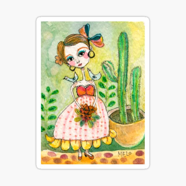 Frida KAHLO with birds, in Mexican Dress, pet birds, Bouquet Cactus Sticker