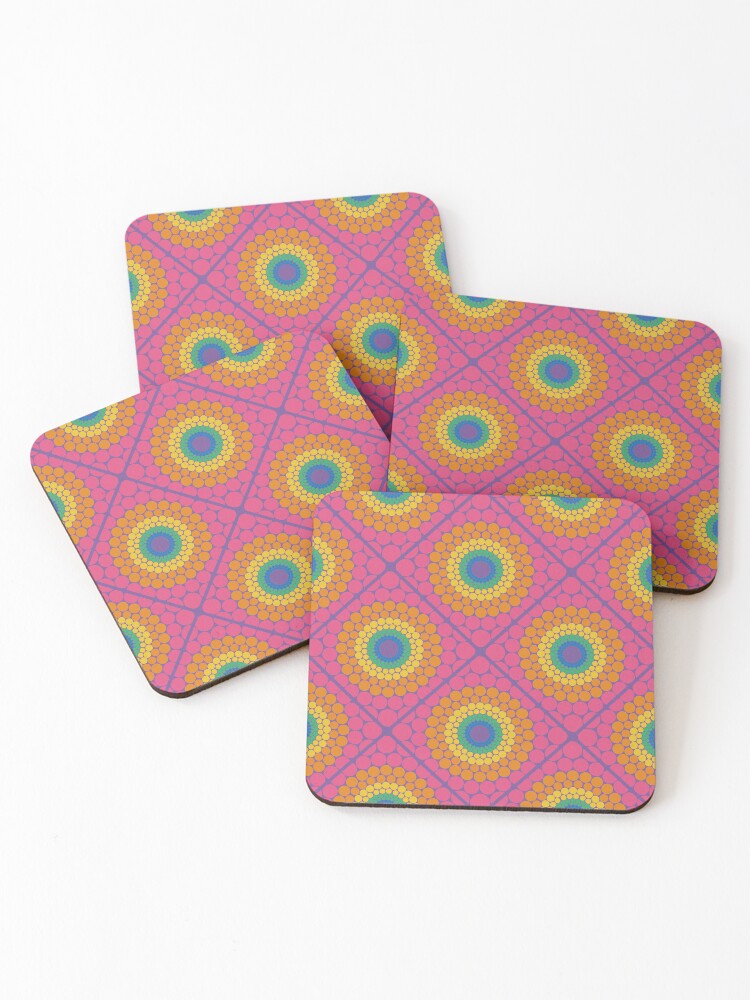 Coasters (Set of 4), Radiant Maximalist Rainbow Dot Mandala Diamond Tile designed and sold by Triplicate Limited