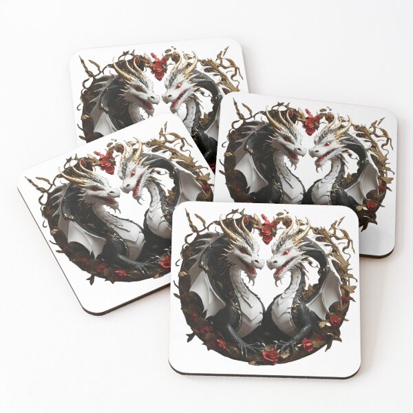 Item preview, Golden Black and White Dragon Duo with Red Flowers designed and sold by Cloe Dauplais.