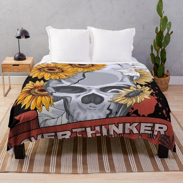 Item preview, Sunflower Skull OVERTHINKER Red Banner | Vintage Skeleton Graphic Art designed and sold by CanvasThread.