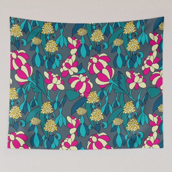 Item preview, Rounded flowers blue version gray-green background designed and sold by GENEST-V.