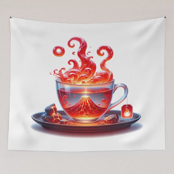 Item preview, A fiery red teacup with volcanoes and lava on it. designed and sold by perfect-radius.