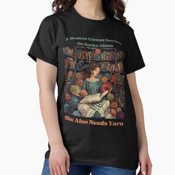 Vista previa del artículo con la obra «Una mujer no puede sobrevivir sólo con libros, también necesita hilo», diseñado y vendido por wowshopmw.