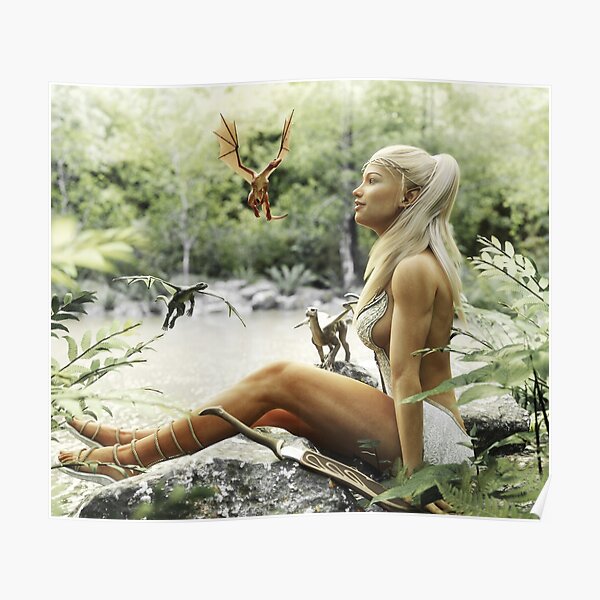 Elegant Elven blonde female relaxing by a mythical forest pond with her baby dragons. Fantasy mythical 3d rendering Poster