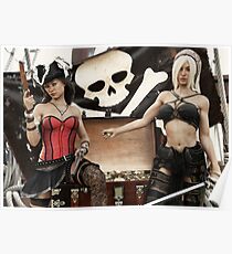 Pirate plunder. Two pirate females showing off there looted treasure of gold coins. Poster