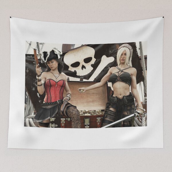Item preview, Pirate plunder. Two pirate females showing off there looted treasure of gold coins. designed and sold by DigitalStorm.