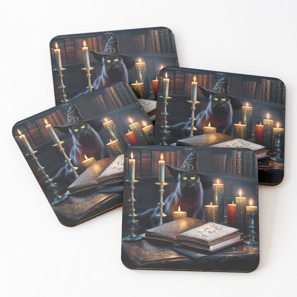 Item preview, Black Cat Halloween with Candles Magic Book and Witch Hat Mystical Enchanted designed and sold by Stephanie Laird.