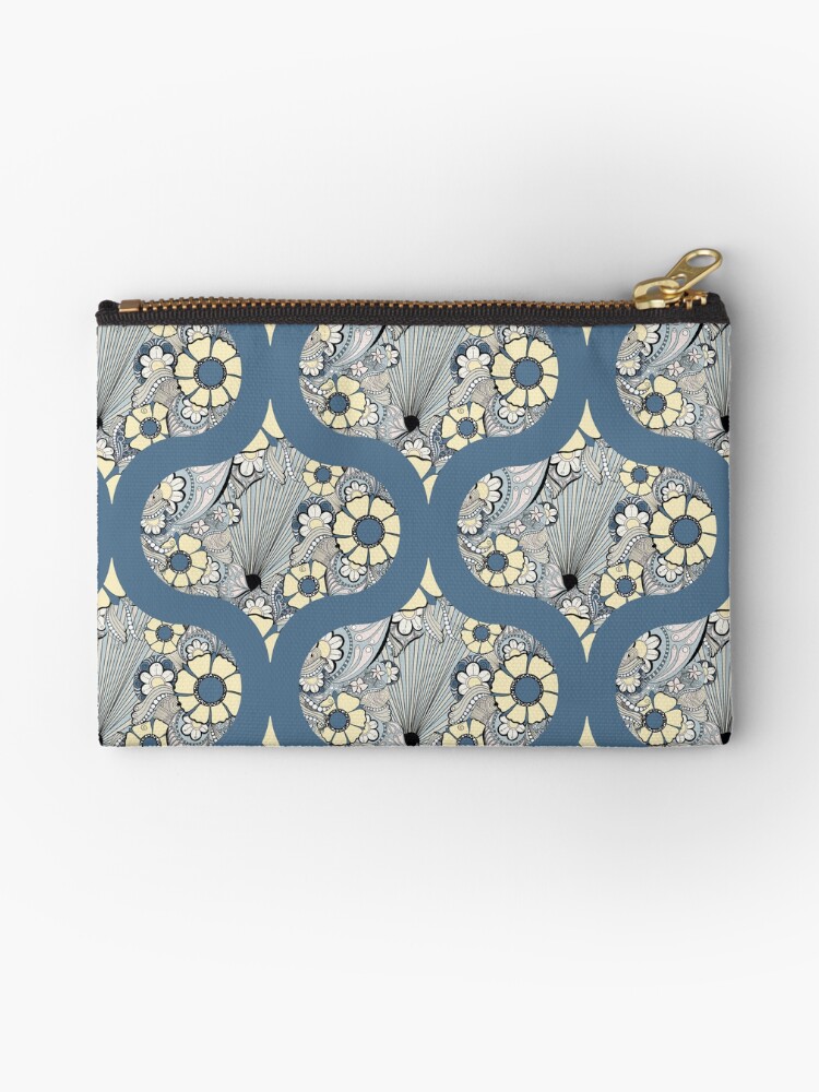 Zipper Pouch, French Country Florals Tangle Yellow Retro Ogee designed and sold by Triplicate Limited