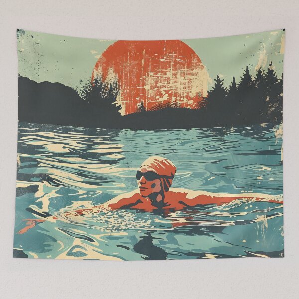 Item preview, Swimmer wild water swimming retro sunset designed and sold by Wildflow Creations.