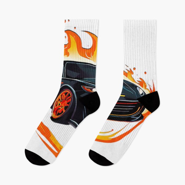 Item preview, "Black Sports Car with Orange Wheels and Flames" designed and sold by MYTHIC PEEL STICKERS.